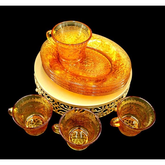 Vintage 8 Piece Tiara/Indiana Glass Snack Sets.  Plates and Glasses in Rich Ambe - Picture 2 of 8